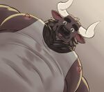 2024 abs absurd_res adios anthro beard blep blue_eyes bodily_fluids body_hair bovid bovine cattle chest_hair clothing facial_hair hi_res horn looking_at_viewer looking_down looking_down_at_viewer male mammal manly muscular nipples pec_pov_meme pecs shirt simple_background smile smiling_at_viewer solo sweat tank_top tongue tongue_out topwear white_clothing white_shirt white_tank_top white_topwear