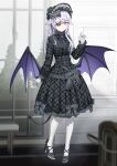  1girl black_footwear black_headwear blurry blurry_foreground bonnet bow breasts brooch closed_mouth commentary_request commission demon_girl demon_horns demon_tail demon_wings depth_of_field eyepatch frilled_skirt frilled_sleeves frills gloves gothic_lolita grey_bow grey_hair grey_shirt grey_skirt hair_between_eyes hand_up high_heels highres horns indoors jewelry lolita_fashion long_hair long_sleeves looking_at_viewer low_wings medium_breasts original pantyhose pixiv_commission plaid plaid_shirt plaid_skirt pleated_skirt purple_eyes purple_wings ronopu shirt shoes skirt solo standing tail tree very_long_hair wall_lamp white_gloves white_pantyhose window wings 