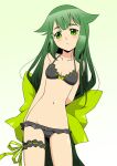  arm_behind_back benchan bikini black_bikini black_garter blush bow bow_bikini breasts bridal_garter collarbone cowboy_shot frilled_bikini frills gatchaman_crowds gradient_background green_bow green_eyes green_hair green_ribbon halterneck highres leaning_to_the_side light_frown long_hair looking_at_viewer lowleg lowleg_bikini miya_utsutsu navel ribbon sidelocks simple_background skinny small_breasts swimsuit very_long_hair 