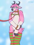 anthro bell bell_collar clothing collar dain_(dainthedeer) deer eyewear fuchsiafeatherz fur genitals glasses green_eyes hair harness hi_res horn jingle_bell jingle_bell_collar jingle_bell_wristband legwear male mammal markings penis pink_body pink_fur pink_hair simple_background solo spots spotted_body spotted_fur thigh_highs white_body white_fur