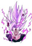  1boy absurdres aura blood blood_from_mouth blood_on_face collarbone crackling_energy cropped_torso debris dougi dragon_ball dragon_ball_super dragon_ball_super_super_hero gohan_beast highres injury long_hair looking_at_viewer male_focus muscular muscular_male oharu2000 purple_shirt red_eyes shirt smile solo son_gohan spiked_hair upper_body white_background white_hair 