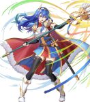  1girl armor attack black_gloves black_thighhighs blue_cape blue_eyes blue_hair breastplate caeda_(fire_emblem) caeda_(marth&#039;s_faithful)_(fire_emblem) cape elbow_gloves fingerless_gloves fire_emblem fire_emblem:_mystery_of_the_emblem fire_emblem_heroes fur-trimmed_cape fur_trim gloves highres holding holding_polearm holding_weapon long_hair multicolored_cape multicolored_clothes non-web_source official_alternate_costume official_art open_mouth polearm red_cape sheath solo sword thighhighs tiara v-shaped_eyebrows weapon white_footwear wing_hair_ornament 