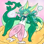 2_penises anthro balls big_balls big_penis bodily_fluids cum english_text generation_4_pokemon generation_5_pokemon genital_fluids genitals green_body green_hair hair hi_res huckleberry_(lewdchuu) huge_penis hyper hyper_genitalia hyper_penis lewdchuu_(artist) lucario male multi_genitalia multi_penis nintendo penis pokemon pokemon_(species) pyon_(lewdchuu) servine solo spread_legs spreading text