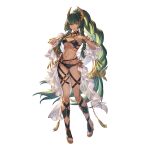  1girl ass_visible_through_thighs bikini black_bikini breasts dark-skinned_female dark_skin granblue_fantasy green_hair hair_ornament horus_(granblue_fantasy) long_hair looking_at_viewer minaba_hideo multicolored_hair official_art orange_eyes ponytail purple_nails smile solo swimsuit tattoo transparent_background two-tone_hair very_long_hair 