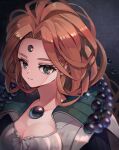  1girl black_background blackpearl bodice breasts brown_hair chest_jewel cleavage collared_cloak commentary_request cropped_torso expressionless forehead_jewel gem green_eyes legend_of_mana looking_at_viewer medium_breasts orb seiken_densetsu solo souichi 
