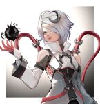  1girl absurdres animification apex_legends blood_moon_catalyst blue_eyes border cable catalyst_(apex_legends) clothing_cutout crescent crescent_hair_ornament eyebrow_piercing flat_chest gloves grey_hair gu_gu_ya hair_ornament head_tilt highres jacket looking_to_the_side open_hand outside_border piercing red_gloves red_lips short_hair shoulder_cutout smile solo white_border white_jacket 