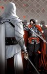  armor assassin's_creed:_brotherhood assassin's_creed_(series) assassin's_creed_ii bad_id bad_pixiv_id beard belt black_hair cape cesare_borgia ezio_auditore_da_firenze fabulous facial_hair hood male_focus multiple_boys mustache rapier sparkle sword vambraces weapon ya-ma-to 