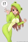  1girl animal_costume asahina_mikuru blush breasts brown_eyes brown_hair covered_nipples endless_eight frog_costume impossible_clothes kari_(kakko_k) large_breasts long_hair open_mouth simple_background solo suzumiya_haruhi_no_yuuutsu tears 