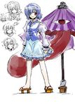  blue_eyes blue_hair full_body geta grin heterochromia karakasa_obake purple_umbrella red_eyes sandals short_hair smile solo surprised takana_shinno tatara_kogasa tongue touhou umbrella 