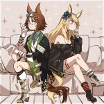  2girls animal_ears ankle_boots ankle_strap armband asuka_(junerabitts) asymmetrical_legwear bamboo_memory_(umamusume) black_coat black_footwear black_jacket blonde_hair blue_bow blue_eyes boots bow brown_hair coat collared_shirt commentary_request couch crossed_legs ear_bow ear_ornament full_body gloves gold_city_(umamusume) gold_trim green_skirt grey_shirt hair_between_eyes hairband high_heel_boots high_heels horse_ears horse_girl horse_tail jacket long_hair long_sleeves looking_at_viewer mismatched_legwear multicolored_hair multiple_girls on_couch shirt single_bare_shoulder single_off_shoulder sitting skirt sparkle streaked_hair tail thigh_boots two-tone_eyes two-tone_hair umamusume white_footwear white_gloves white_hair yellow_eyes 