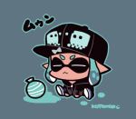  1girl :&lt; black_headwear black_hoodie blue_outline chibi chibi_only closed_eyes closed_mouth earrings full_body hood hood_down hoodie inkling_girl inkling_player_character jewelry kotorai long_sleeves lowres no_nose outline pointy_ears shoes signature sitting solo splatoon_(series) splatoon_1 translation_request water_balloon 