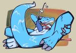 anthro blue_body bodily_fluids claws collar cum dozendav eyes_closed feet genital_fluids genitals gradient_background grin hand_behind_head hi_res holding_leg horn kobold light_belly light_markings long_ears lying male markings on_back penis pink_collar presenting presenting_penis reptile satisfied scalie simple_background sky_(skybold) slit smile solo tail tapering_penis toe_claws toes