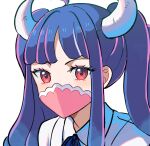  1girl blue_hair blue_ribbon commentary_request covered_mouth highres horns kasuga_kaya korean_commentary long_hair looking_at_viewer mask mouth_mask multicolored_hair one_piece pink_eyes pink_hair ribbon shirt simple_background solo two-tone_hair ulti_(one_piece) white_background white_horns white_shirt 