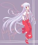  bow fujiwara_no_mokou hair_bow hair_ribbon highres long_hair pants red_eyes ribbon silver_hair solo suspenders tobade_(tbdfactory) touhou very_long_hair 