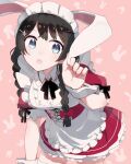  1girl :o alternate_costume animal_ears apron black_ribbon blue_eyes braid brown_hair collared_shirt cowboy_shot dot_nose enmaided fake_animal_ears frilled_apron frills hand_up holding_ear leaning_forward legs_apart long_hair maid miniskirt neck_ribbon nijisanji open_mouth petticoat pink_background pleated_skirt rabbit_background rabbit_ears red_skirt ribbon shirt sidelocks simple_background skirt solo sou_(tuhut) thighhighs tsukino_mito twin_braids virtual_youtuber white_apron white_shirt white_thighhighs white_wrist_cuffs wrist_cuffs zettai_ryouiki 