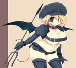  aqua_eyes bat_wings beltbra blonde_hair blush breasts choker cleavage demon_girl hat huge_breasts miniskirt navel original pitchfork pointy_ears sakaki_(noi-gren) short_hair skirt solo tail thighhighs wings 