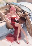  1girl aru_(blue_archive) aru_(dress)_(blue_archive) blue_archive breasts car cleavage closed_mouth demon_horns dress halo highres horns jewelry large_breasts long_hair meinoss motor_vehicle necklace official_alternate_costume pink_hair pink_halo red_dress smile solo strapless strapless_dress yellow_eyes 