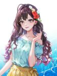 1girl :p ahoge bare_shoulders blue_eyes blue_shirt brown_hair caustics earrings flower hair_flower hair_ornament hibiscus ichinose_shiki idolmaster idolmaster_cinderella_girls idolmaster_cinderella_girls_starlight_stage jewelry long_hair looking_at_viewer off-shoulder_shirt off_shoulder shirt skirt smile solo tongue tongue_out upper_body water yellow_skirt ykcocoro_game 