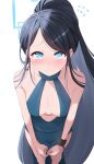  1girl absurdly_long_hair absurdres ako_(blue_archive) ako_(blue_archive)_(cosplay) ako_(dress)_(blue_archive) ako_(dress)_(blue_archive)_(cosplay) aris_(blue_archive) black_hair blue_archive blue_dress blue_eyes breasts cosplay cuffs dress handcuffs highres long_hair looking_at_viewer open_mouth poolpool simple_background small_breasts solo very_long_hair white_background 