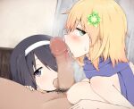  1boy 2girls asymmetrical_bangs black_eyes black_hair blonde_hair blue_shawl blush breast_rest breasts censored cooperative_fellatio curtains erection fellatio furrowed_brow gabriel_dropout green_eyes hair_ornament hair_over_one_eye hairband half-closed_eyes highres kurona_mei licking licking_penis looking_at_viewer looking_to_the_side male_pubic_hair medium_breasts mosaic_censoring multiple_girls myauchuchu nipples open_mouth oral penis pov pov_crotch precum pubic_hair saliva shawl short_hair sideways_glance steam sweatdrop tapris_chisaki_sugarbell testicle_sucking testicles tongue tongue_out upper_body white_hairband 