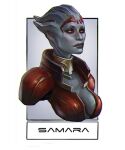  1girl alien asari_(mass_effect) blue_eyes blue_lips blue_skin breasts character_name colored_skin english_commentary engrish_commentary eva_kosmos frown jacket looking_at_viewer mass_effect_(series) mass_effect_2 medium_breasts red_jacket samara_(mass_effect) solo tentacle_hair 
