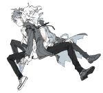  2boys back-to-back closed_eyes closed_mouth coat danganronpa_(series) danganronpa_2:_goodbye_despair dirty dirty_face full_body greyscale hair_between_eyes highres hinata_hajime komaeda_nagito long_sleeves male_focus messy_hair monochrome multiple_boys necktie open_clothes open_coat pants r9rpd shirt shoes simple_background sitting spot_color yaoi 