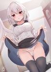  1girl black_skirt black_thighhighs blush breasts clothes_lift collarbone grey_hair hair_between_eyes highres kishin_sagume large_breasts lifted_by_self long_sleeves looking_at_viewer niko_kusa open_mouth panties pleated_skirt red_eyes short_hair single_wing skirt skirt_lift solo sweater thighhighs touhou underwear white_panties white_sweater white_wings wings 