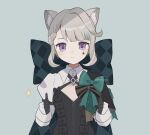  1girl :| animal_ear_fluff animal_ears argyle_bow black_dress black_gloves blush bow breasts cat_ears cat_girl cleavage_cutout closed_mouth clothing_cutout commentary double_thumbs_up dress expressionless facial_mark genshin_impact gloves green_bow grey_hair hair_bow half_gloves highres looking_at_viewer lynette_(genshin_impact) minahoshi37 purple_eyes short_hair small_breasts solo star_(symbol) star_facial_mark straight-on symbol-only_commentary thumbs_up upper_body white_shrug 
