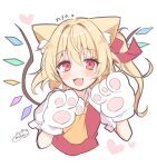  1girl absurdres animal_ear_fluff animal_ears animal_hands ascot blonde_hair blush cat_ears crystal fang flandre_scarlet gloves heart highres long_hair looking_at_viewer miy@ open_mouth orange_ascot paw_gloves red_eyes red_vest signature simple_background smile solo touhou vest white_background white_gloves wings 