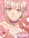  1girl choker collarbone danganronpa_(series) danganronpa_2:_goodbye_despair dated food grin happy_birthday heart highres medium_hair nanami_chiaki official_alternate_costume pink_choker pink_eyes quantian_(pizazazaza33) smile solo spaceship_hair_ornament teeth 