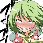  absurdres ascot blush crazy_eyes derivative_work face foreshortening green_hair grin highres kazami_yuuka plaid plaid_vest rape_face red_eyes shaking_head sharp_teeth short_hair smile solo tamuhi teeth touhou uneven_eyes vest 