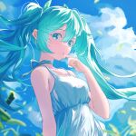  1girl :o absurdres arm_at_side bare_shoulders blue_dress blue_eyes blue_hair blue_nails blue_ribbon blue_sky blush bow cloud cloudy_sky collarbone day dress falling_leaves finger_to_mouth floating_hair from_side green_bow hair_between_eyes hair_bow hand_up hatsune_miku highres leaf long_hair looking_at_viewer nail_polish neck_ribbon no_renor_en open_mouth outdoors ribbon sidelocks sky sleeveless sleeveless_dress solo twintails upper_body vocaloid 