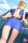  1girl abo_(hechouchou) android_18 belt black_pantyhose blonde_hair blue_eyes blue_skirt blue_sky breasts brown_belt closed_mouth cloud day denim denim_skirt denim_vest dragon_ball dragon_ball_z from_below leaning_on_object looking_at_viewer medium_breasts outdoors pantyhose pencil_skirt short_hair signature skirt sky solo 