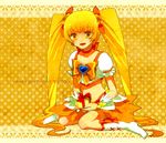 birthday blonde_hair boots bow choker cure_sunshine gift hair_ribbon heart heartcatch_precure! knee_boots long_hair magical_girl midriff myoudouin_itsuki ooomi orange_(color) orange_background orange_bow orange_choker orange_skirt polka_dot polka_dot_background precure ribbon sitting skirt solo twintails wariza yellow_eyes 