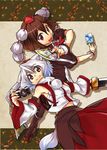  between_fingers brown_hair camera holding inubashiri_momiji multiple_girls photo_(object) red_eyes shameimaru_aya short_hair smile sword touhou weapon white_hair yuuzii 