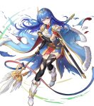  1girl armor black_gloves black_thighhighs blue_cape blue_eyes blue_hair breastplate caeda_(fire_emblem) caeda_(marth&#039;s_faithful)_(fire_emblem) cape damaged elbow_gloves fingerless_gloves fire_emblem fire_emblem:_mystery_of_the_emblem fire_emblem_heroes fur-trimmed_cape fur_trim gloves highres holding holding_polearm holding_weapon long_hair multicolored_cape multicolored_clothes non-web_source official_alternate_costume official_art one_eye_closed polearm red_cape sheath solo sword thighhighs tiara torn_cape torn_clothes torn_thighhighs weapon white_footwear wing_hair_ornament 