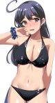  1girl ahoge bikini black_bikini black_hair blush breasts brown_eyes chirashi_(so) cleavage cowboy_shot highres kantai_collection large_breasts long_hair navel solo stomach swimsuit ushio_(kancolle) white_background 