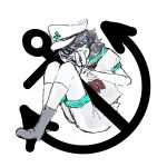  1girl anchor anchor_print anchor_symbol black_eyes black_hair green_eyes green_sailor_collar hat heterochromia highres hishaku murasa_minamitsu neckerchief nurakuramonon open_mouth red_neckerchief sailor sailor_collar sailor_hat sailor_shirt shirt shorts simple_background sitting smile solo touhou white_background white_shorts 