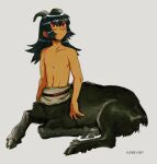  1boy artist_name black_fur black_hair black_horns centauroid closed_mouth commentary_request dark-skinned_male dark_skin full_body goat_boy goat_horns goat_tail grey_background hooves horns long_hair looking_up male_focus monster_boy original red_eyes sabyap sidelocks simple_background sitting solo taur topless_male 