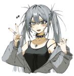  1girl 6kal_a black_collar black_shirt breasts collar fang grey_eyes grey_hair grey_jacket jacket jewelry necklace open_mouth original ring shirt single_blush_sticker skin_fang smile solo spiked_collar spikes twintails upper_body v 