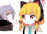  2girls animal_ear_headphones animal_ears black_jacket blonde_hair blue_archive blue_necktie blunt_bangs cat_ear_headphones collared_shirt commentary crossover fake_animal_ears girls&#039;_frontline grey_hair haho hair_between_eyes hair_ribbon halo headphones hood hooded_jacket jacket long_hair long_sleeves looking_at_another low_ponytail m200_(girls&#039;_frontline) momoi_(blue_archive) multiple_girls necktie purple_eyes red_eyes ribbon school_uniform shirt short_hair sidelocks simple_background sparks suspenders sweatdrop symbol-only_commentary tress_ribbon v-shaped_eyebrows white_background white_shirt 