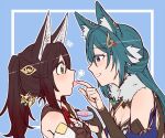  2girls :d animal_ear_fluff animal_ears bare_shoulders black_gloves black_shirt blue_background blue_hair blush breasts brown_hair candy cleavage elbow_gloves feeding food fox_ears fur-trimmed_shirt fur_trim gloves gradient_hair green_eyes grin half_updo holding holding_candy holding_food holding_plate honkai:_star_rail honkai_(series) inset_border large_breasts long_hair multicolored_hair multiple_girls notice_lines open_mouth outline partially_fingerless_gloves plate ponytail portrait profile purple_eyes red_hair shirt sidelocks single_hair_ring sleeveless sleeveless_shirt smile teeth tingyun_(honkai:_star_rail) torinone white_outline wide-eyed yukong_(honkai:_star_rail) yuri 