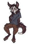 anthro bottomwear brown_bottomwear brown_clothing brown_eyes brown_hair brown_pants clothed clothing grey_clothing grey_shirt grey_topwear hair hi_res invalid_tag lostgoose male mammal pants shirt shy sitting solo topwear viverrid