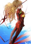  1girl ass blonde_hair blue_background blue_eyes bodysuit breasts brown_hair closed_mouth commentary evangelion:_3.0_you_can_(not)_redo expressionless eyepatch feet_out_of_frame floating_hair from_above from_behind from_side full_body gradient_background hair_between_eyes hair_intakes hair_ornament hamaguri-san_(hamagur69200744) highres holding holding_polearm holding_weapon lance_of_longinus_(evangelion) long_hair looking_at_viewer looking_up medium_breasts messy_hair neon_genesis_evangelion parted_bangs plugsuit polearm rebuild_of_evangelion red_bodysuit red_hair reflection sidelocks solo souryuu_asuka_langley standing taut_clothes twintails weapon white_background 