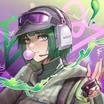  1girl ash_(rainbow_six_siege) baseball_cap black_headwear blowing_bubbles charm_(object) chewing_gum ela_(rainbow_six_siege) fingerless_gloves gloves goggles goggles_on_headwear green_eyes green_hair hairtail hat headphones highres long_sleeves looking_at_viewer mole mole_under_eye rainbow_six_siege smile solo upper_body 