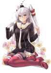  1girl amatsukaze_(kancolle) amatsukaze_kai_ni_(kancolle) black_dress blush brown_dress brown_eyes dress flower garter_straps gloves grey_hair hair_tubes highres jouzaburou_(joe3) kantai_collection long_hair long_sleeves looking_at_viewer neckerchief red_thighhighs sailor_collar sailor_dress single_glove sitting smile smokestack_hair_ornament solo thighhighs two_side_up white_gloves white_sailor_collar 