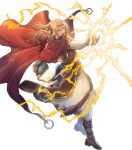 1boy arlen_(fire_emblem) attack blonde_hair book brown_footwear cape fire_emblem fire_emblem:_mystery_of_the_emblem fire_emblem_heroes highres holding holding_book hood hooded_cape light medium_hair non-web_source official_art open_mouth red_cape solo v-shaped_eyebrows wavy_hair 