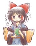  black_hair blush bow cosplay cup face hakurei_reimu morichika_rinnosuke morichika_rinnosuke_(cosplay) obi oversized_clothes ribbon sash sketch solo tea touhou viva!! yunomi 