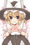  blonde_hair blush curiosities_of_lotus_asia grin hat heart heart_hands kirisame_marisa lockheart looking_at_viewer ribbon smile solo touhou witch witch_hat 