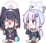  &gt;_&lt; 2girls ahoge animal_ears black_choker black_hair black_jacket black_neckerchief blue_archive blush cat_ears choker closed_mouth colored_inner_hair commentary cup curry curry_rice drinking_glass extra_ears food green_sailor_collar grey_serafuku hair_ornament hairclip halo holding holding_spoon hood hood_down hooded_jacket jacket kazusa_(blue_archive) long_hair long_sleeves multicolored_hair multiple_girls neckerchief open_clothes open_jacket pink_hair pink_halo purple_eyes purple_hair reisa_(blue_archive) rice sailor_collar school_uniform serafuku short_hair simple_background spoon star_(symbol) star_hair_ornament symbol-only_commentary tongue tongue_out white_background white_sailor_collar whonyang 